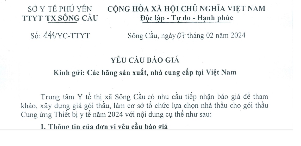 Yêu cầu báo giá Cung ứng Thiết bị y tế  năm 2024